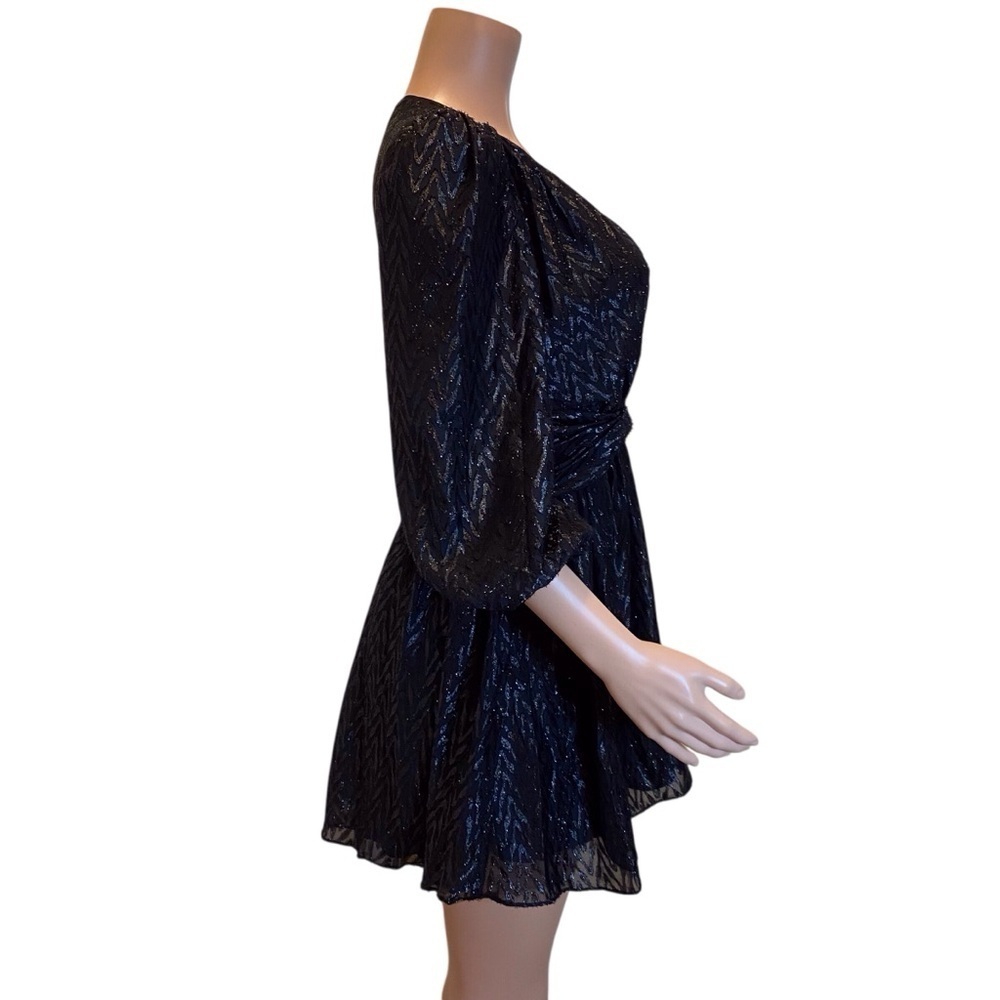 Do+Be Black Shimmer Puff Sleeve Wrap Mini Dress Size M Party Cocktail Holiday - Picture 4 of 12
